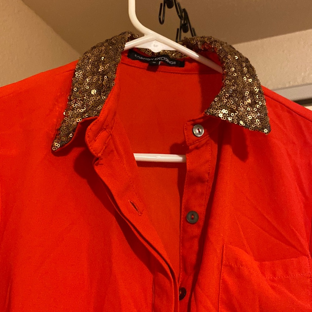 Foreign Exchangebutton Down Sequin Collared Red - image 3